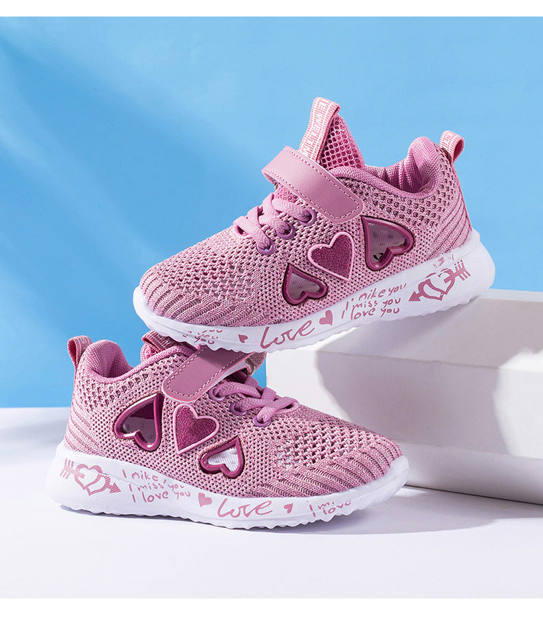 Kids pink mesh sneakers with heart appliques, hook-and-loop strap, white sole