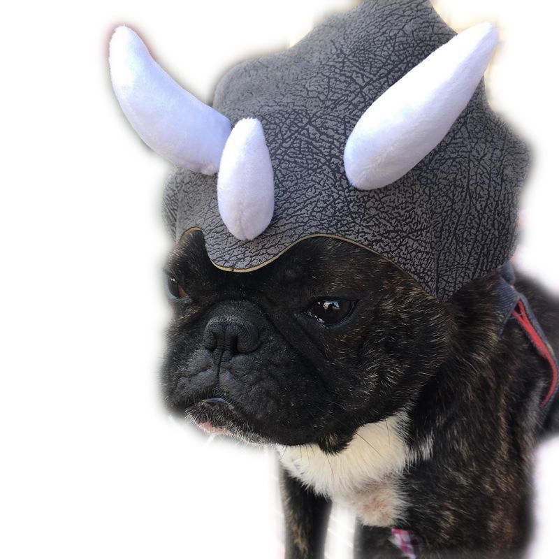 Grey dinosaur hat for pets with three white horn bumps and textured body