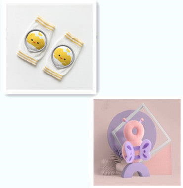 Cartoon baby knee pads set, white knit with yellow stripes and duck character patches