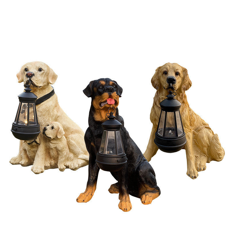 Solar LED dog lantern sculpture set: three dog statues with lantern heads.