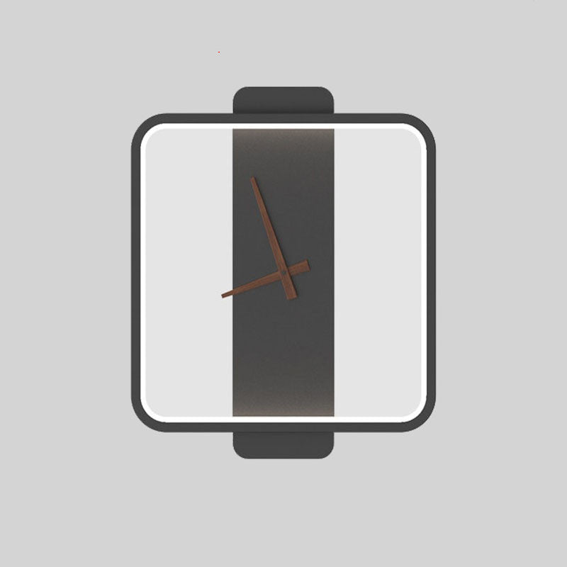 Black square clock wall lamp with white LED outline and center clock hands