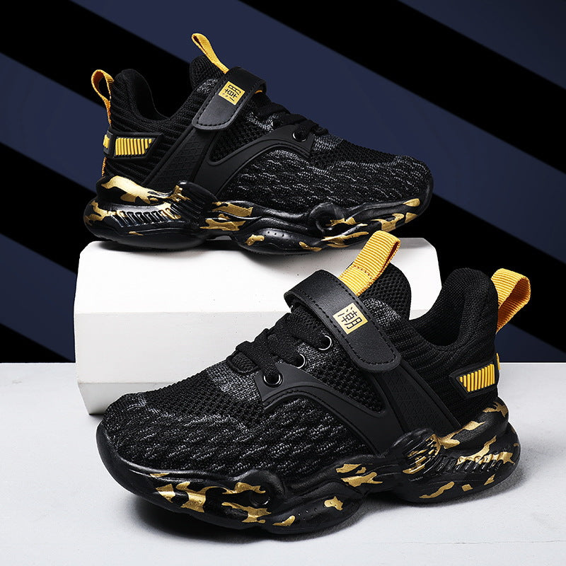 Children's black mesh sports shoes with yellow stripes and side strap, lace-up