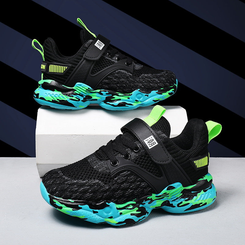 Children's black mesh sports shoes with blue-green neon sole and hook strap, lace-up
