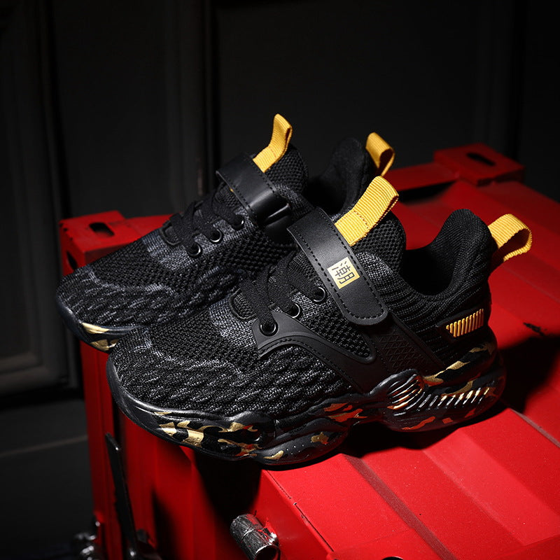 Children's black mesh sports shoes with yellow ankle accents and hook strap, lace-up