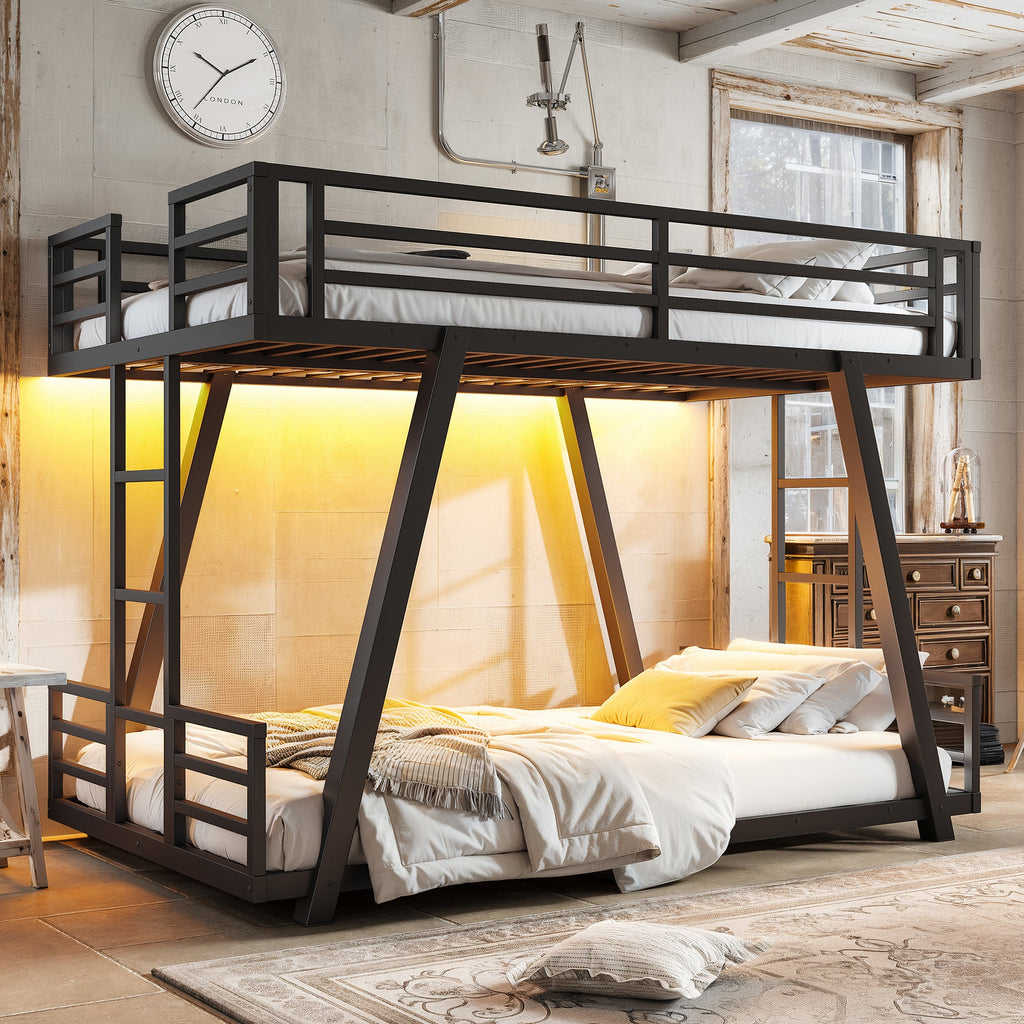 Black metal twin bunk bed with two side ladders, guardrails and angled support legs