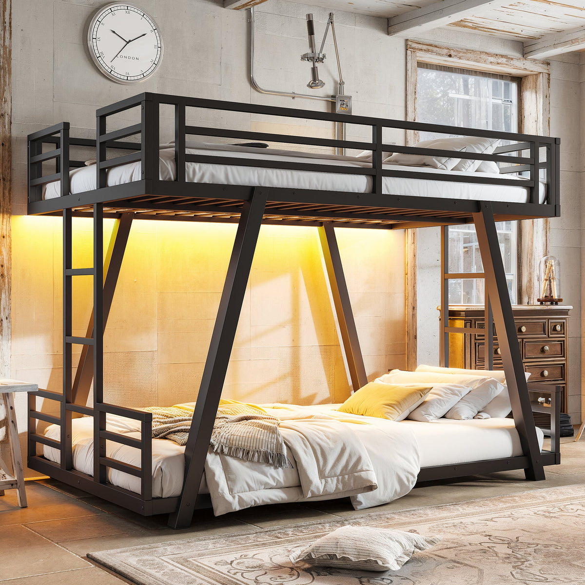 Black metal twin bunk bed with two side ladders, guardrails and angled support legs