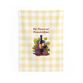 Fall vineyard wall tapestry with yellow buffalo check and wine bottle with grape bunches