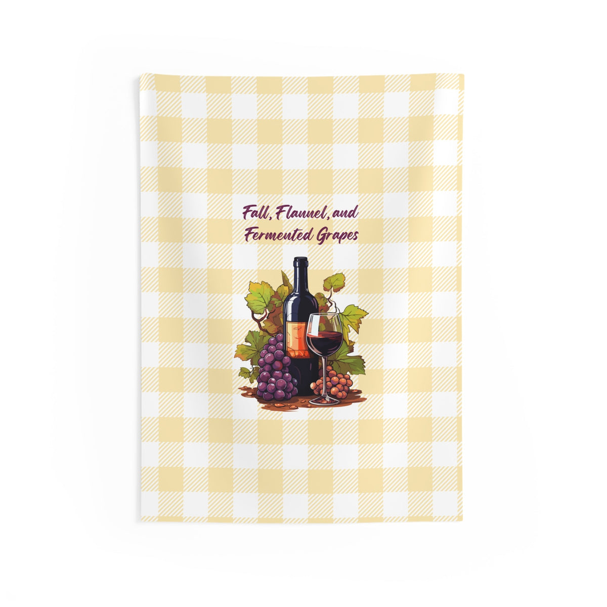 Fall vineyard wall tapestry with yellow buffalo check and wine bottle with grape bunches