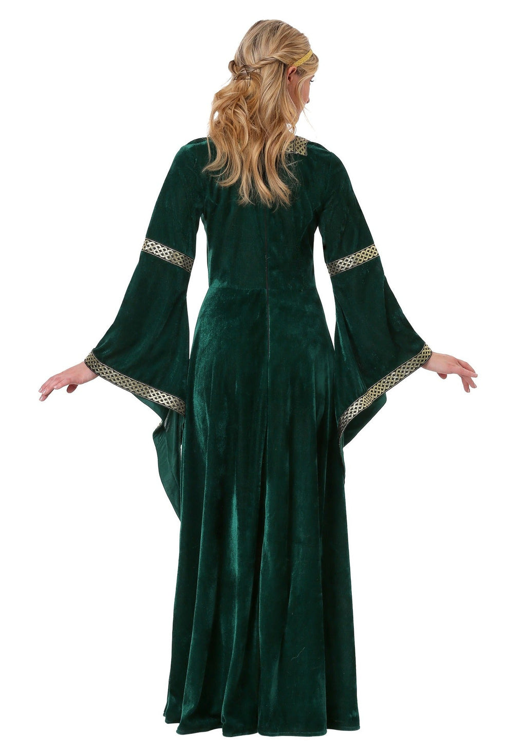 Back view of green queen costume dress with cream trim at cuffs and hem