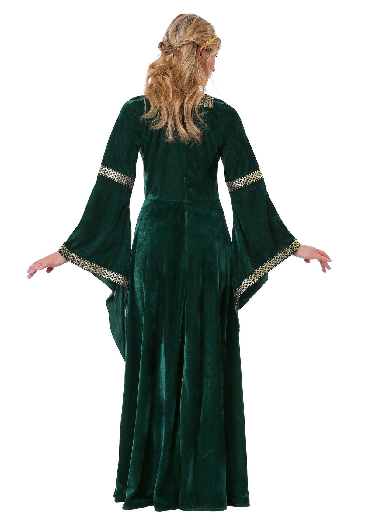 Back view of green queen costume dress with cream trim at cuffs and hem