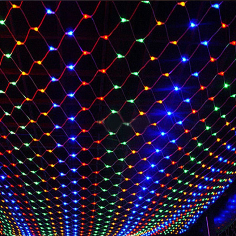 Outdoor LED fishnet string lights with multicolor star-like glow across a net grid