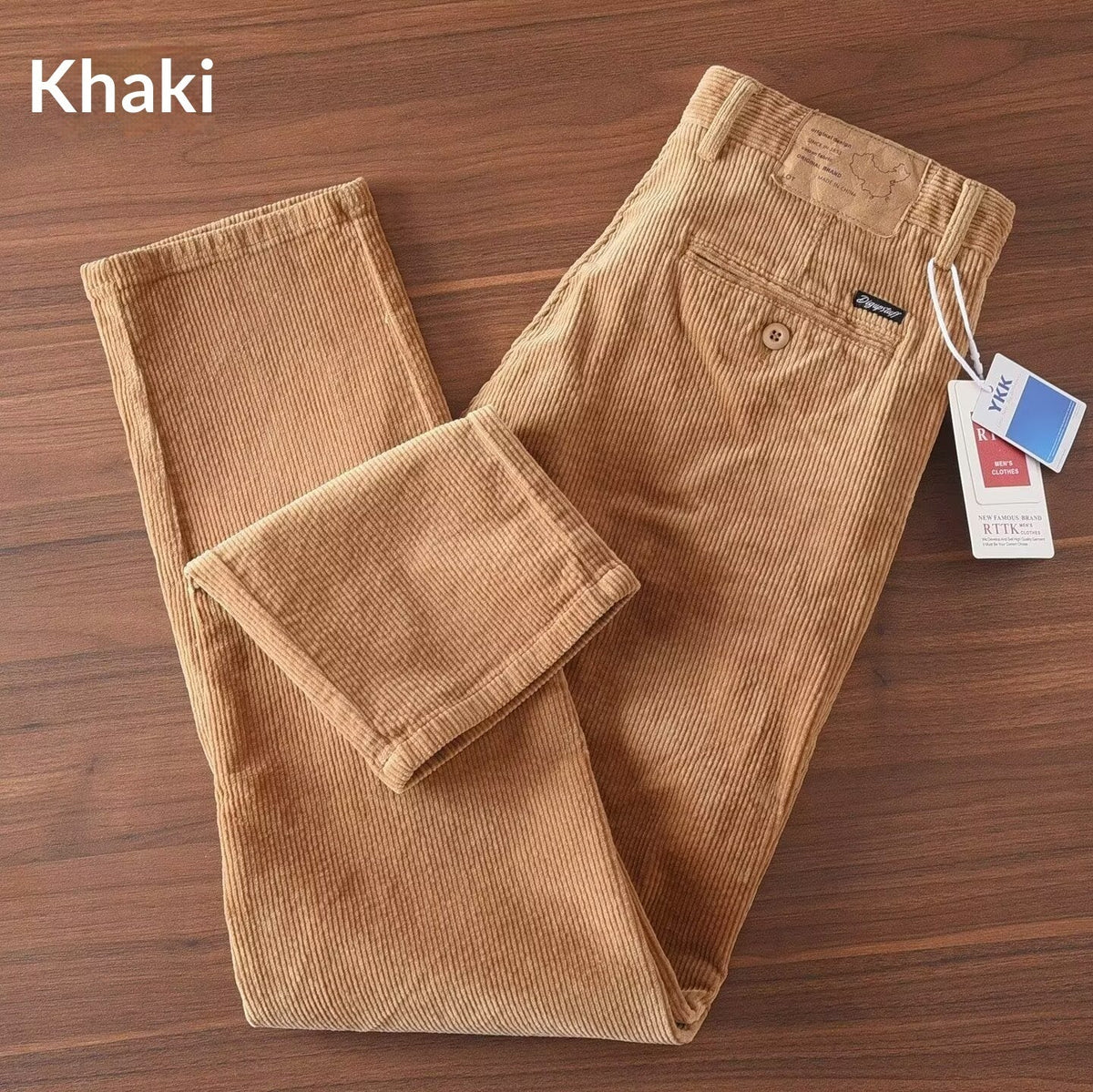 Men's corduroy straight-leg trousers in khaki with zip fly and button closure