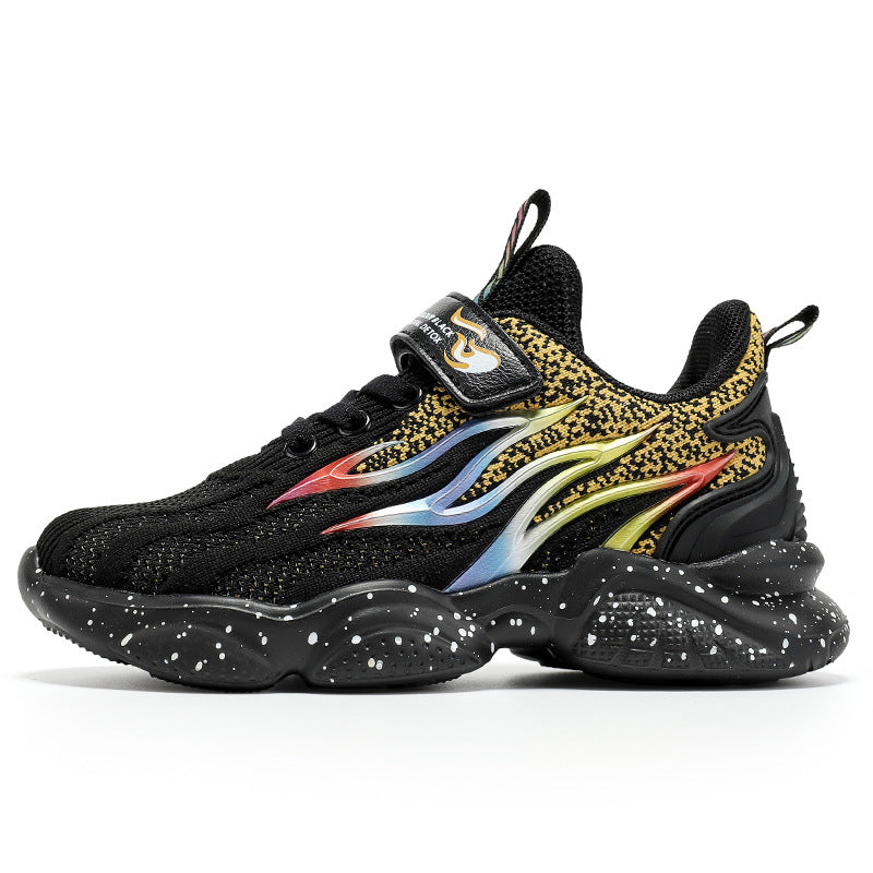 Black mesh boys sneakers with gold flame stripe and chunky speckled sole