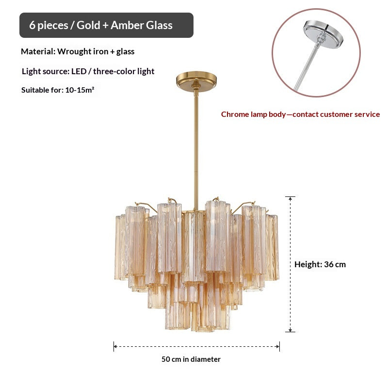 Tiered amber glass tube chandelier with gold frame, 6-light design