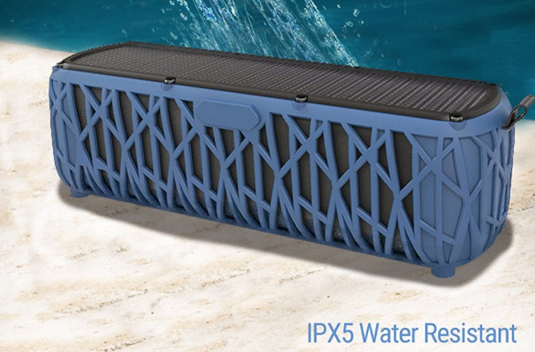 Blue solar Bluetooth speaker labeled IPX5 water resistant with splash-ready design
