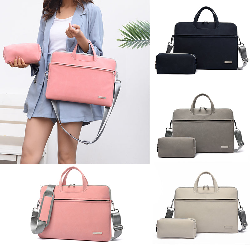 Pink PU leather women’s laptop bag with shoulder strap and front zip pouch set