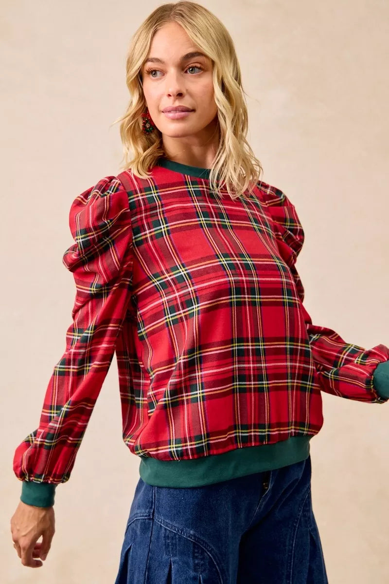 Red plaid top featuring oversized shoulder sleeves and green cuffs with crew neckline