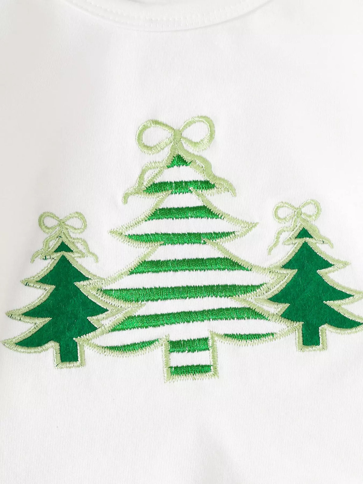 Children's Christmas set: green embroidered tree motif on white top