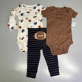 Baby boy game day outfit set: white patterned bodysuit, brown snap onesie, striped pants.