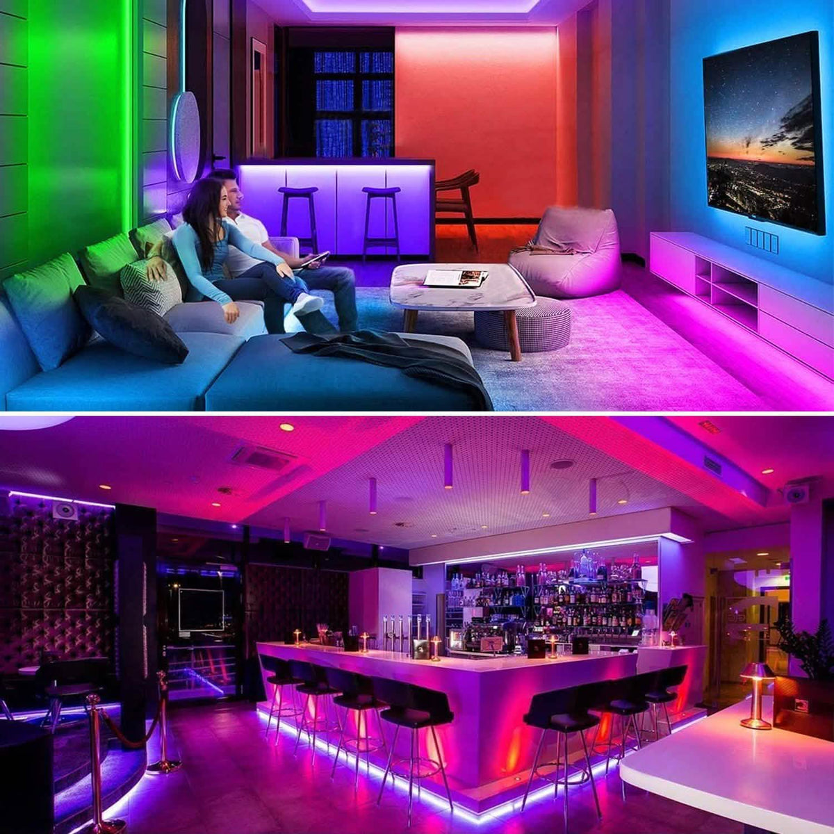 RGB color-changing LED strip light illuminating living room with blue, green, and purple