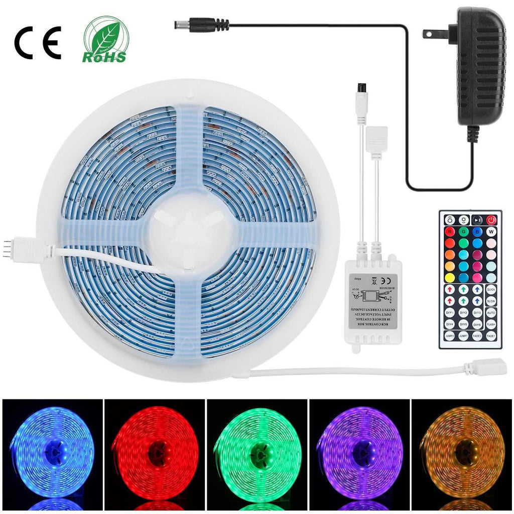 RGB LED strip light kit with controller, adapter, and color sample strip segments