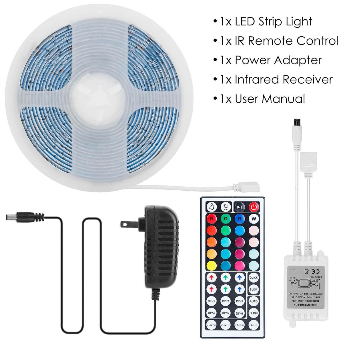 RGB LED strip light kit with light roll, remote control, power adapter, and infrared receiver