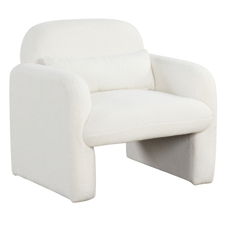 White accent chair with rounded arms, thick seat cushion, and backrest
