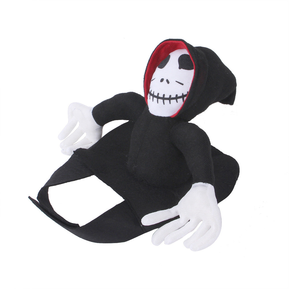 Black hooded pet costume with skull face mask, red hood trim, and white hands