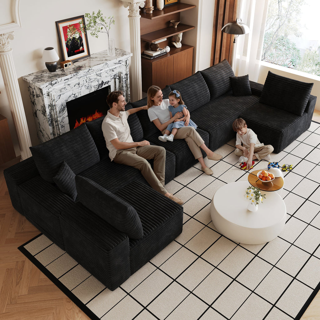 Dark plush corduroy U-shaped sectional sofa with deep seats and square back cushions