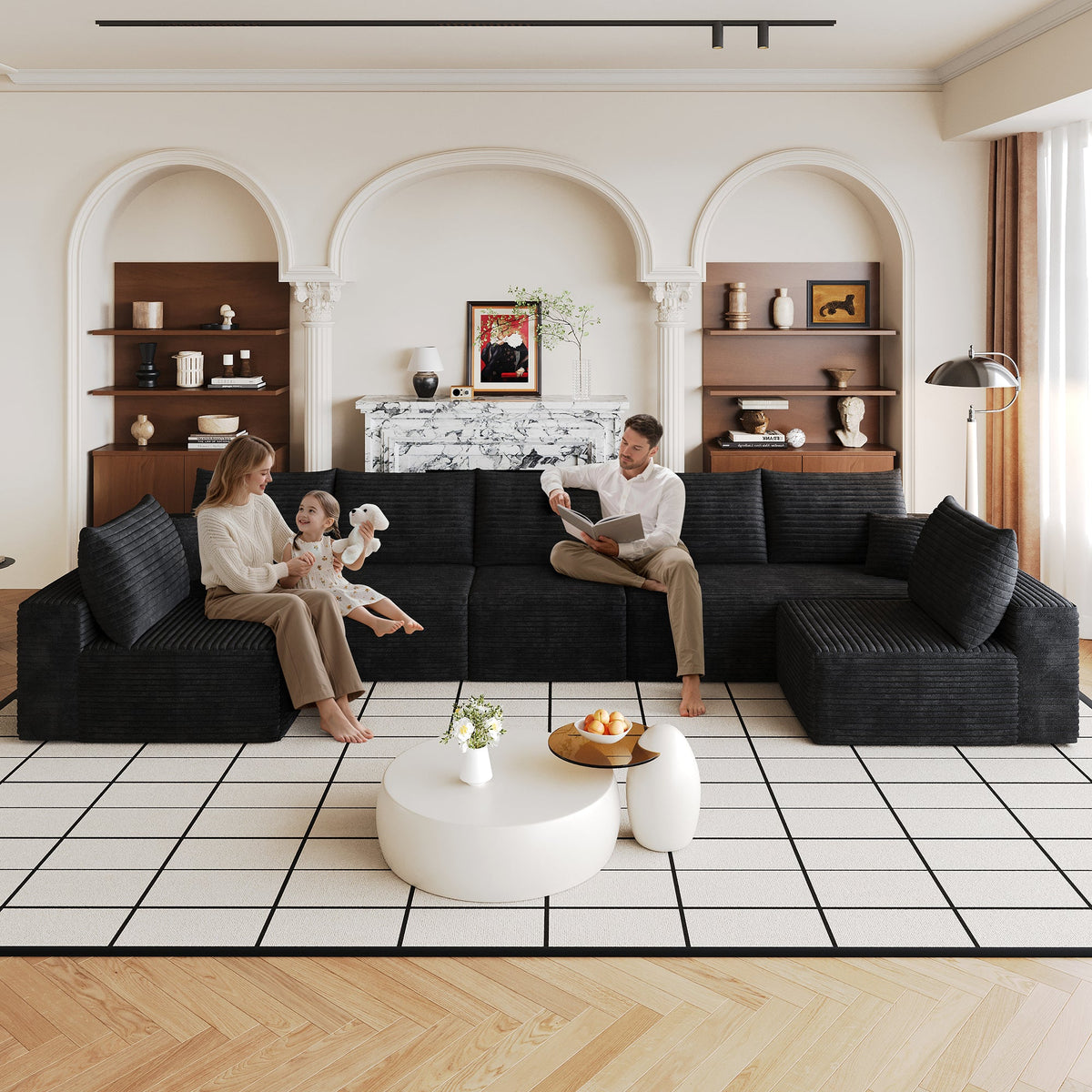 Dark plush corduroy U-shaped sectional sofa with corner chaise and square throw cushions