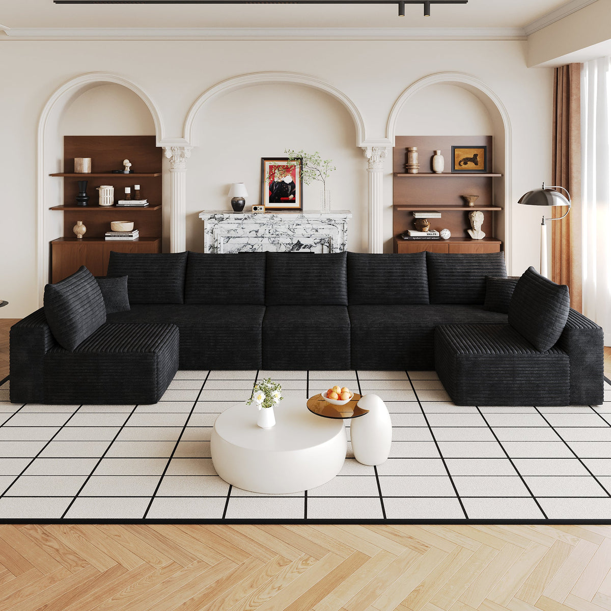 Dark plush corduroy U-shaped sectional sofa with corner ottoman-style seating and cushions