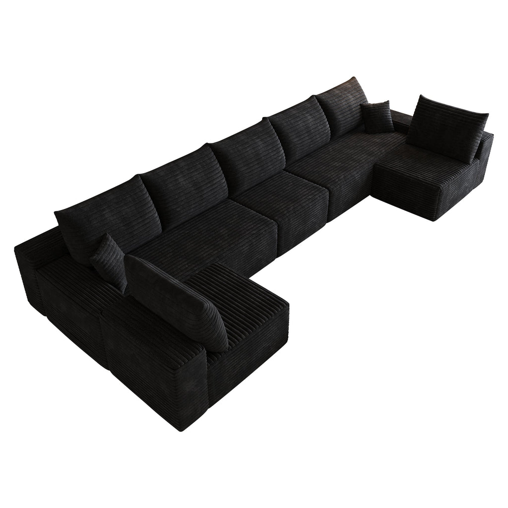 Dark plush corduroy U-shaped sectional sofa, angled view with deep seat cushions