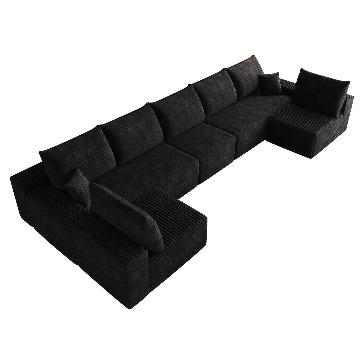Dark plush corduroy U-shaped sectional sofa, angled view with deep seat cushions