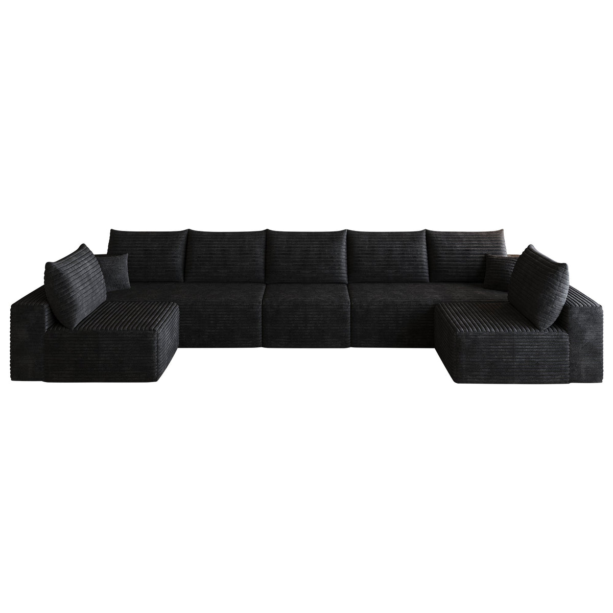 Dark plush corduroy U-shaped sectional sofa, long side profile with square cushions