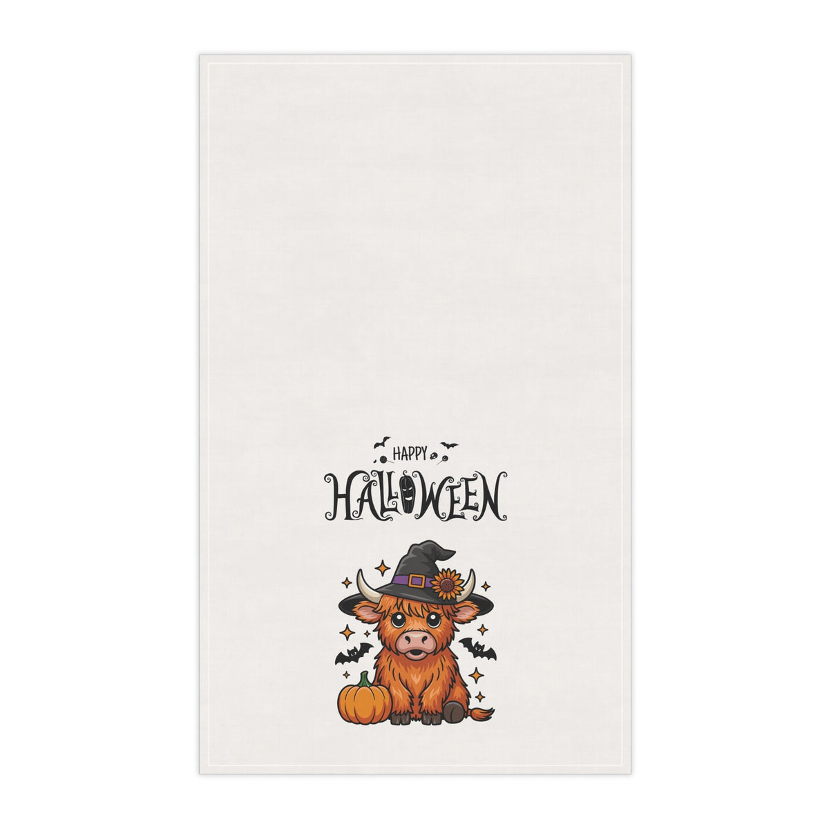 White Halloween tea towel front view with highland cow illustration and “Happy Halloween”