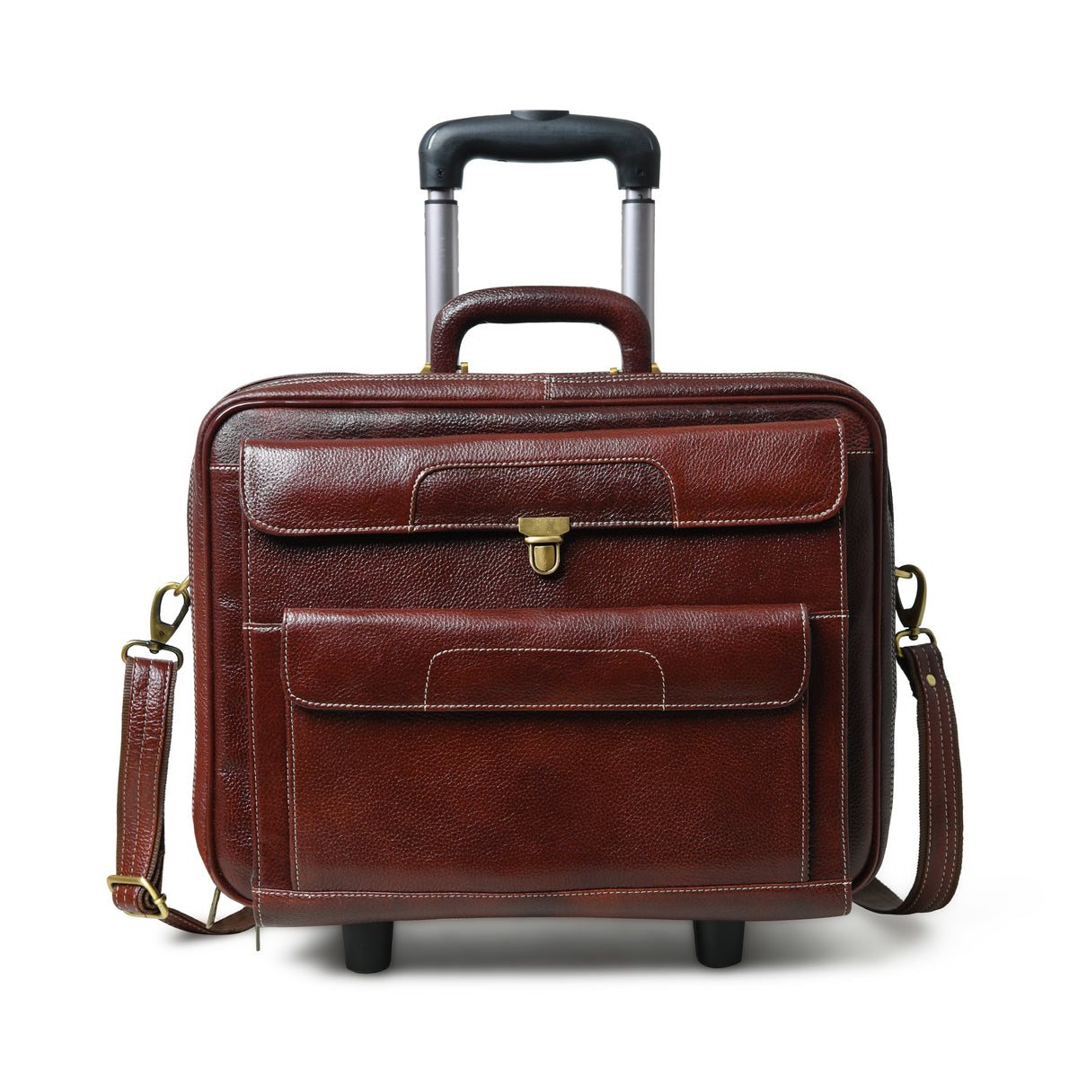 Brown leather trolley suitcase bag with front flap, zipper side pocket, and two wheels
