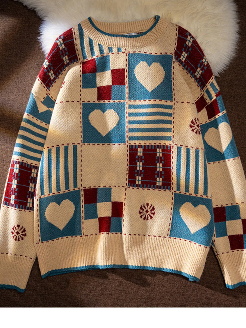 Men's patchwork sweater in beige with teal and red heart & plaid blocks