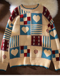 Men's patchwork sweater in beige with teal and red heart & plaid blocks