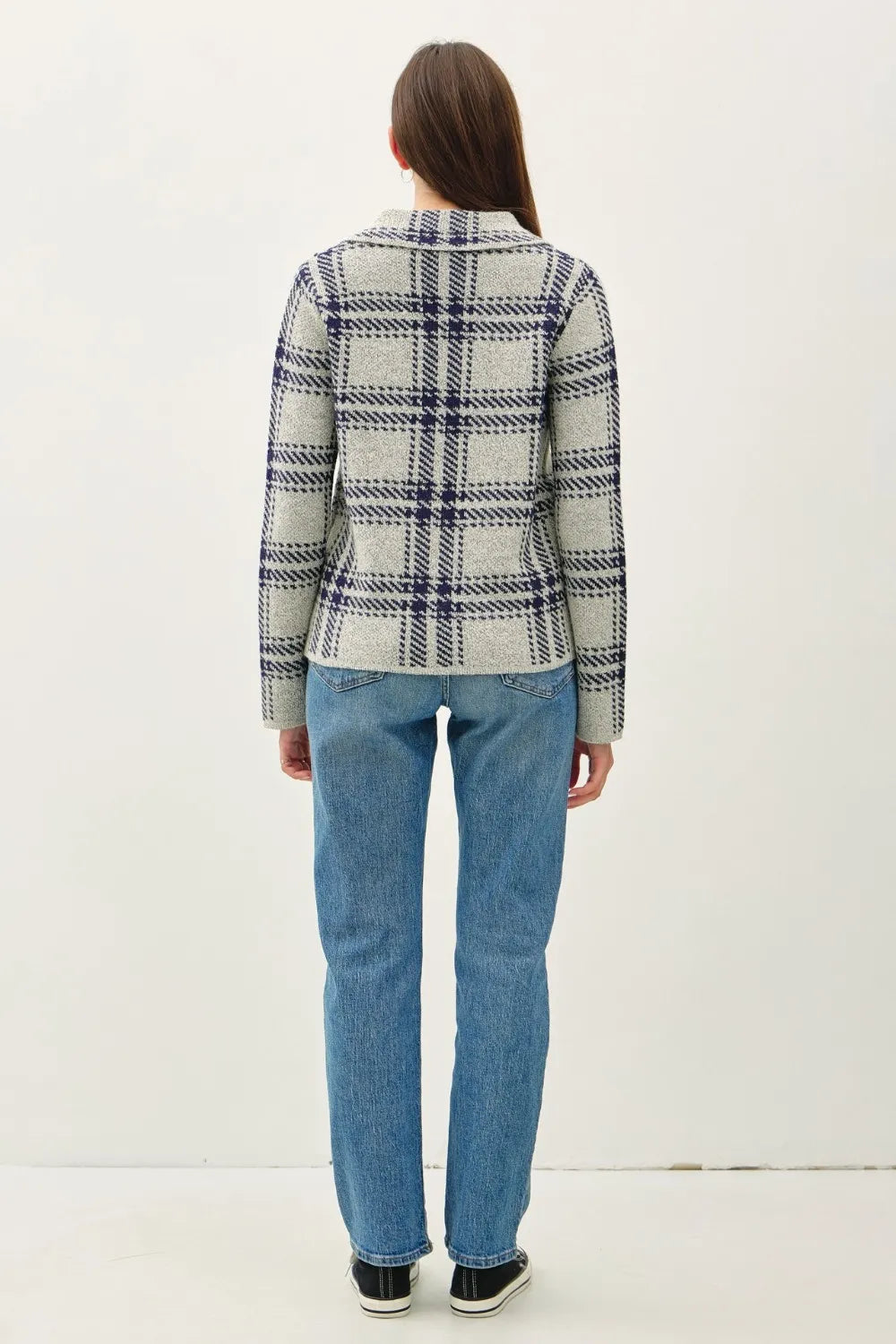 Navy plaid long-sleeve sweater jacket, back view