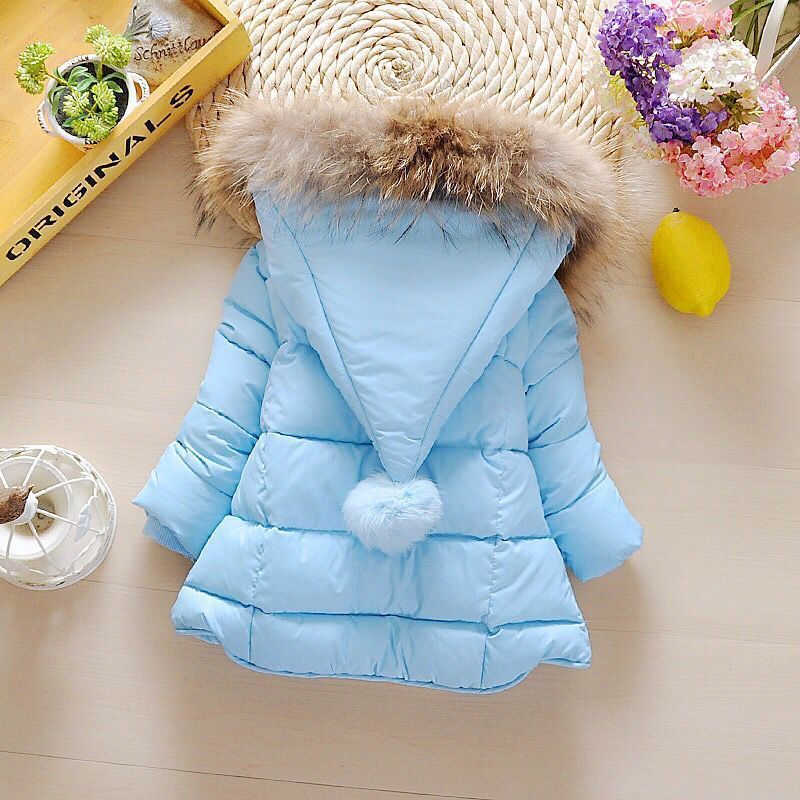 Light blue hooded baby puffer jacket with faux-fur trimmed hood and zip front