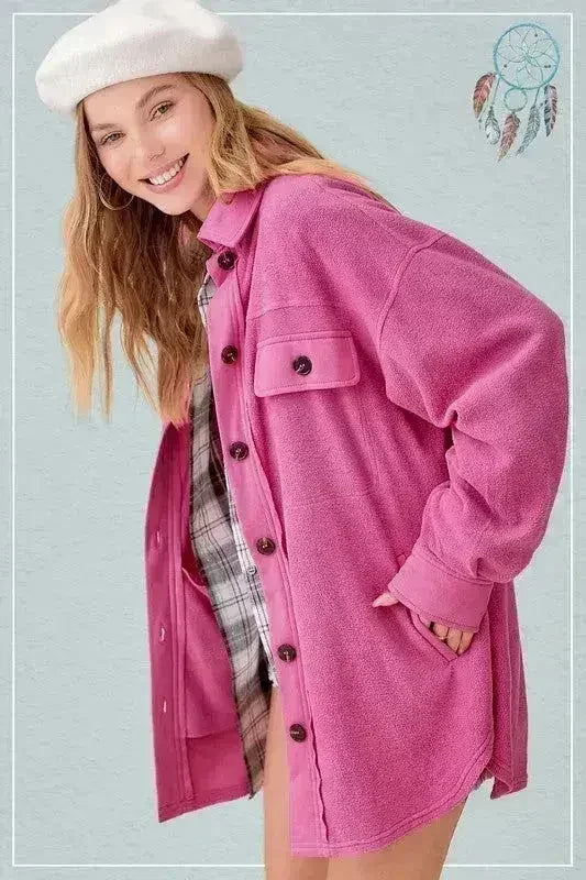 Raspberry pink oversized fleece jacket with button front and flap chest pockets