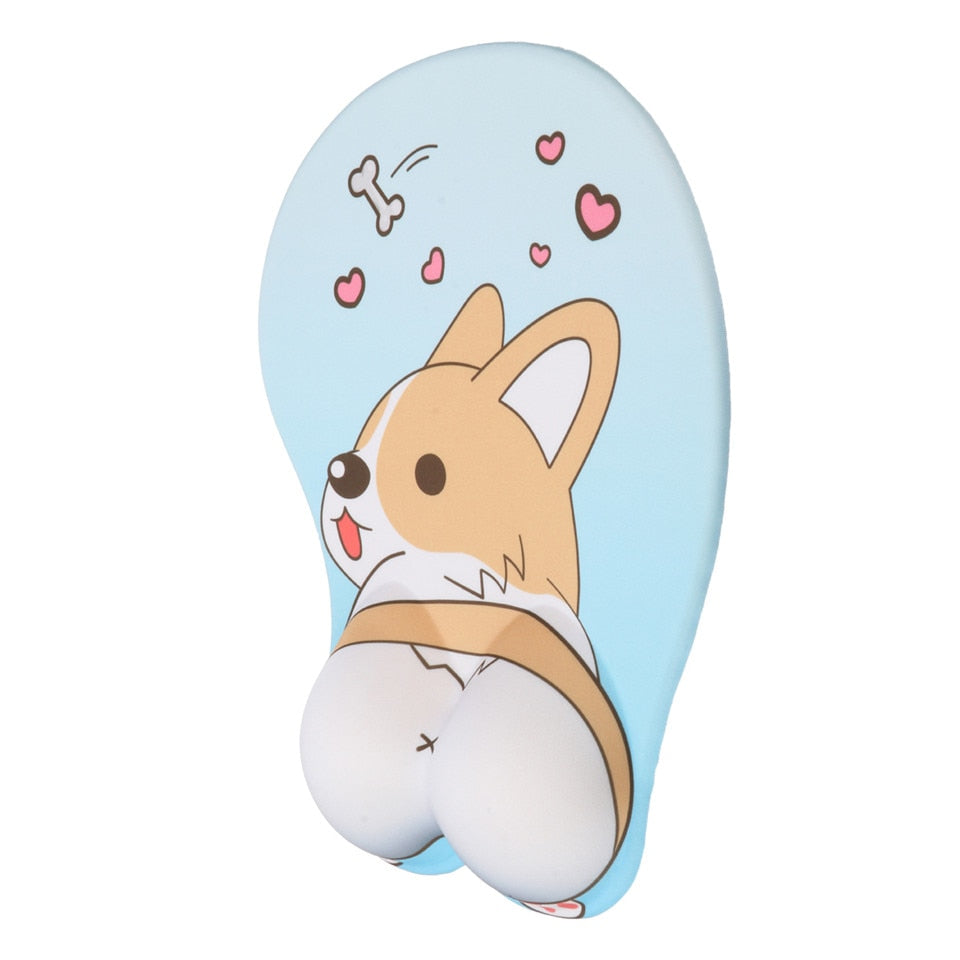 Corgi cartoon wrist rest mouse pad in blue with hearts and bone icons