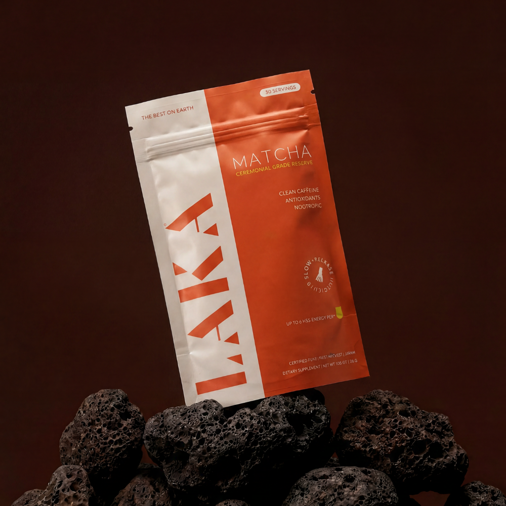 Matcha reserve blend stand-up pouch in white and orange