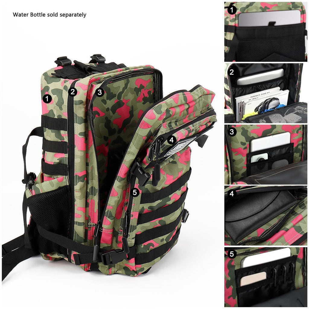 Pink and green camo travel laptop backpack with padded straps and multiple zip compartments