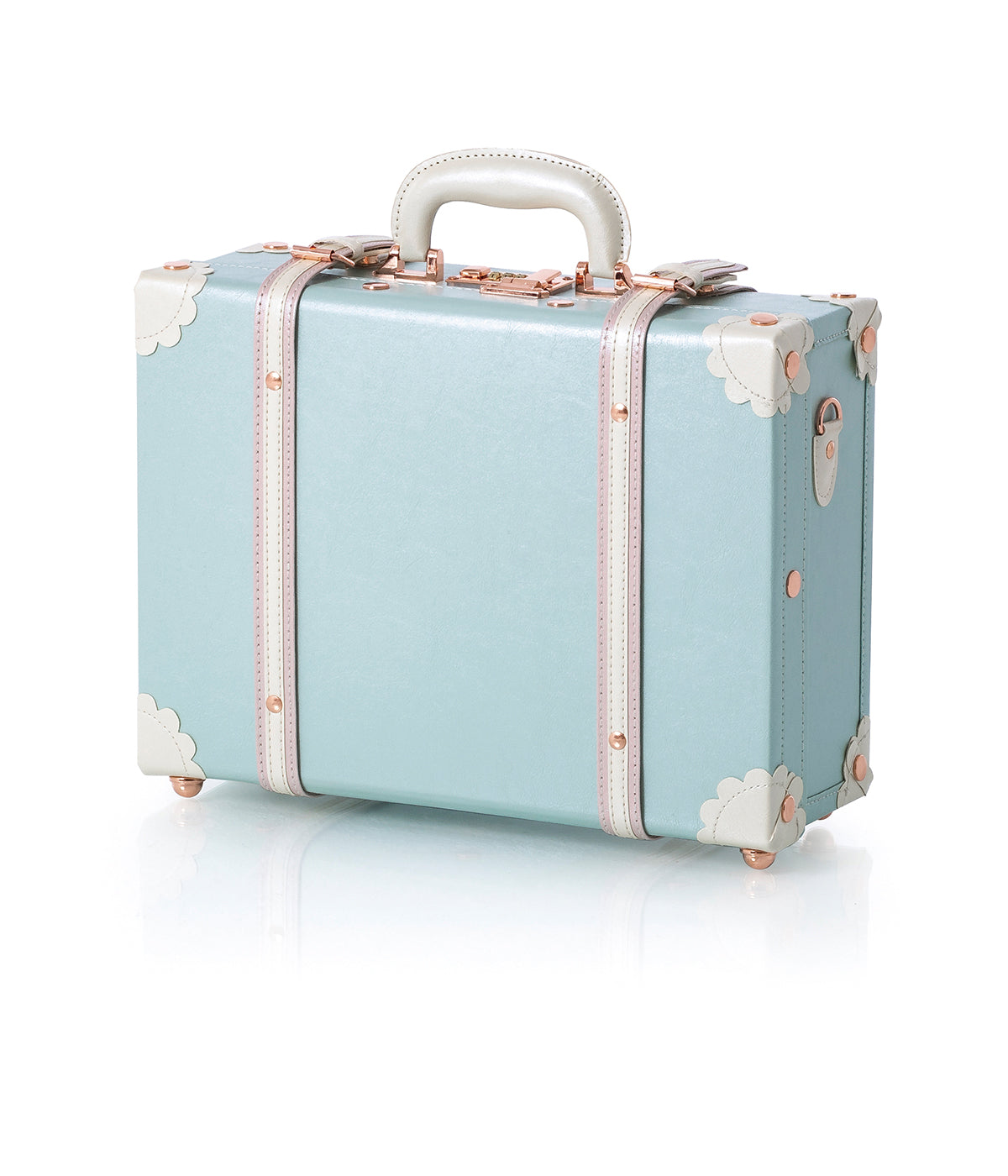 Sky-blue briefcase with floral trim, rose-gold hardware, and top handle.