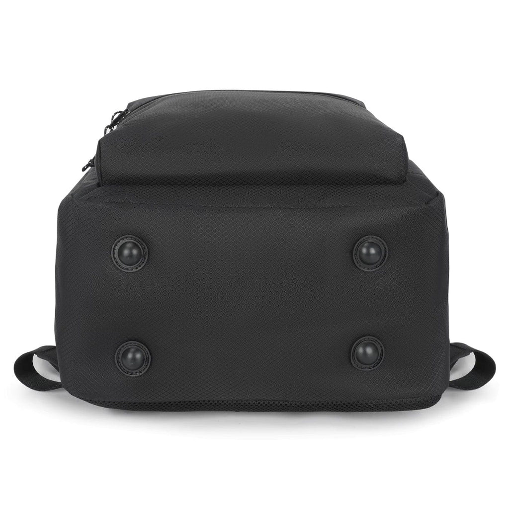Black fabric backpack with rounded base, four metal studs, and top carry handle