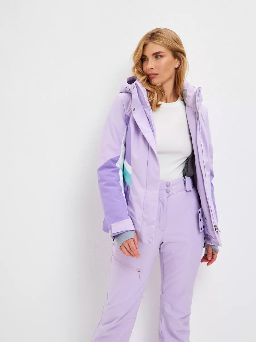 Lilac waterproof insulated ski jacket worn open with hood up and colorblock details