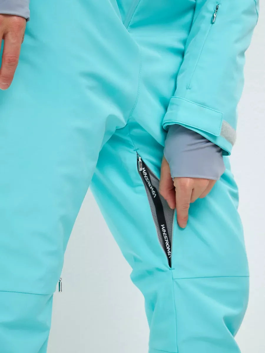 Mint ski jumpsuit thigh pocket with gray cuff opening and hidden zipper pull