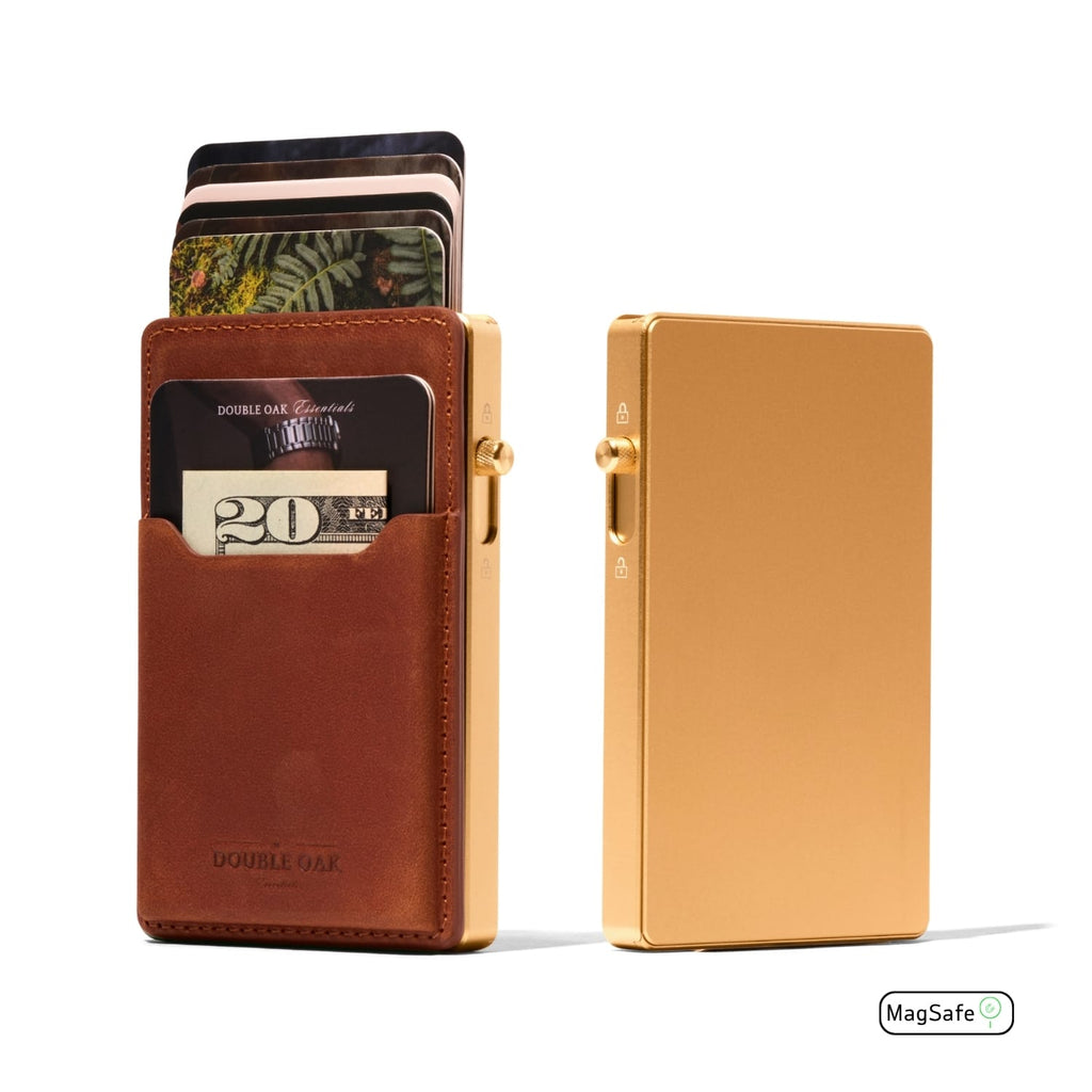 Mod wallet with brown leather front and gold metal back plate, side view