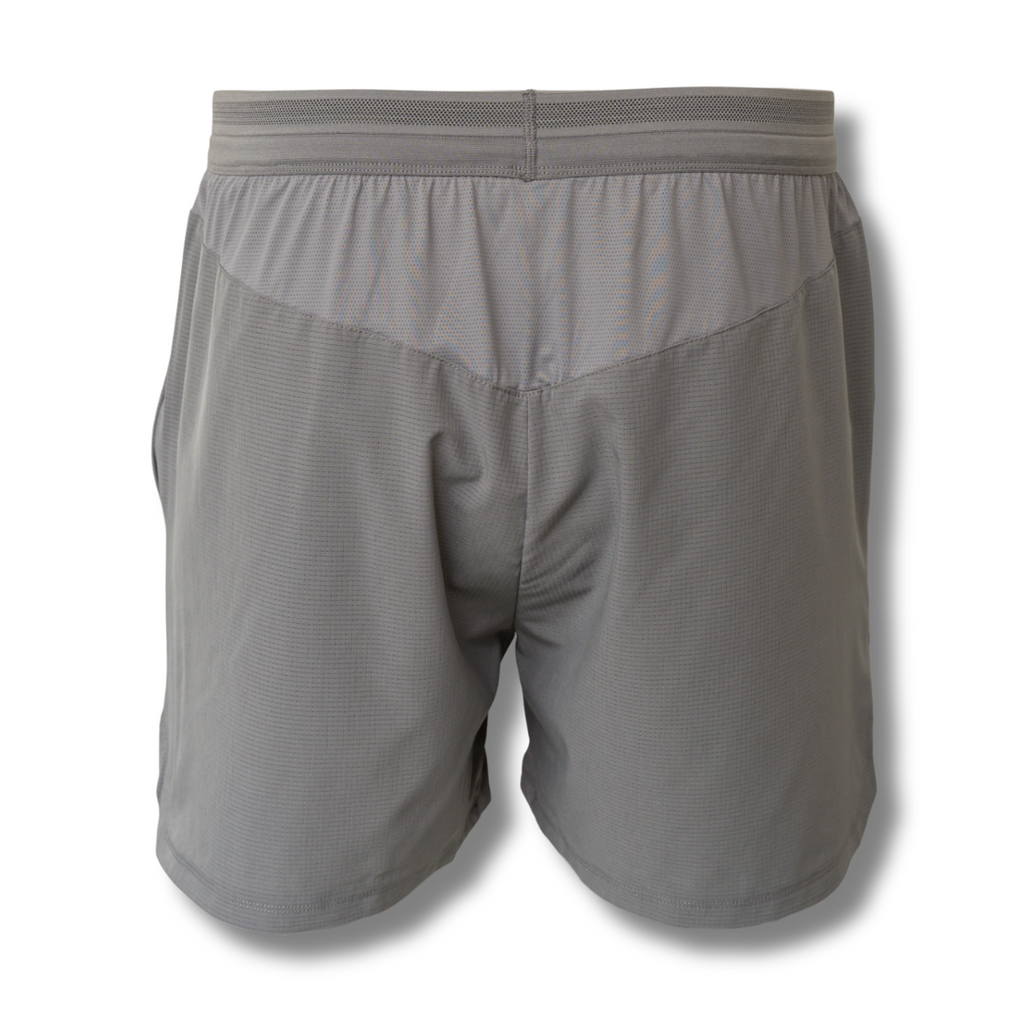 Gray athletic shorts rear view with elastic waistband and center seam detail.